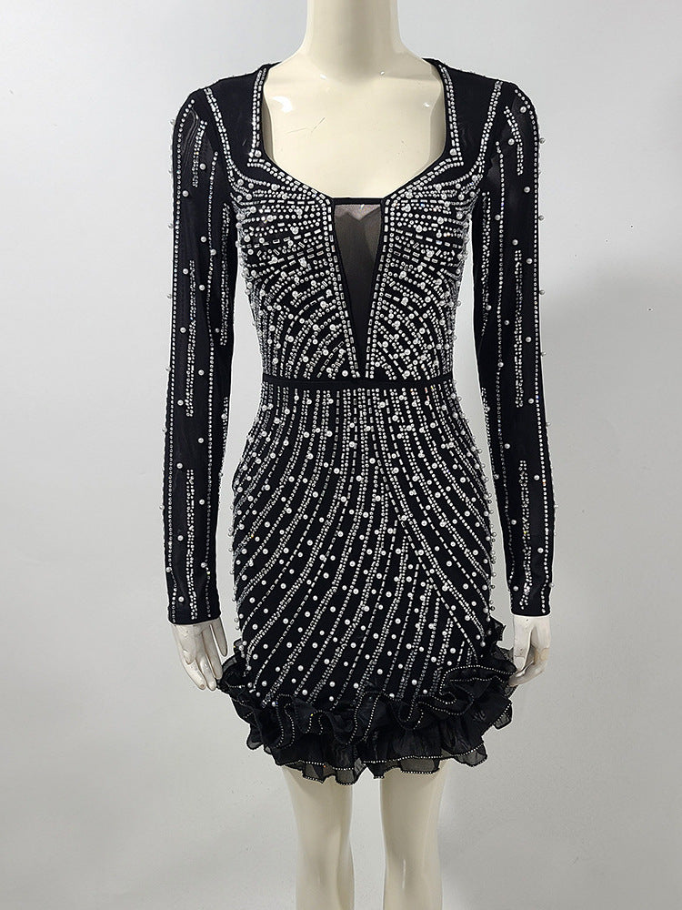 jenny Black Crystal Embellished Flutter Trim Mini Dress