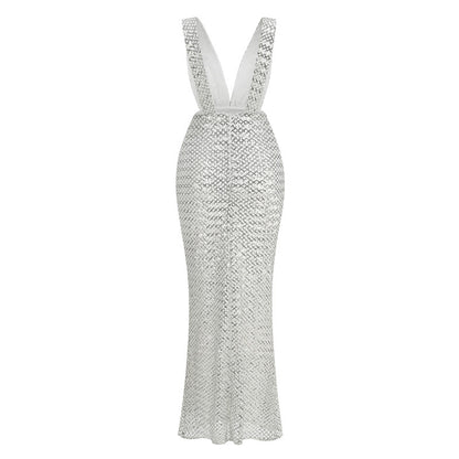 rebecca bow sequin embellished v neck maxi dress in silver