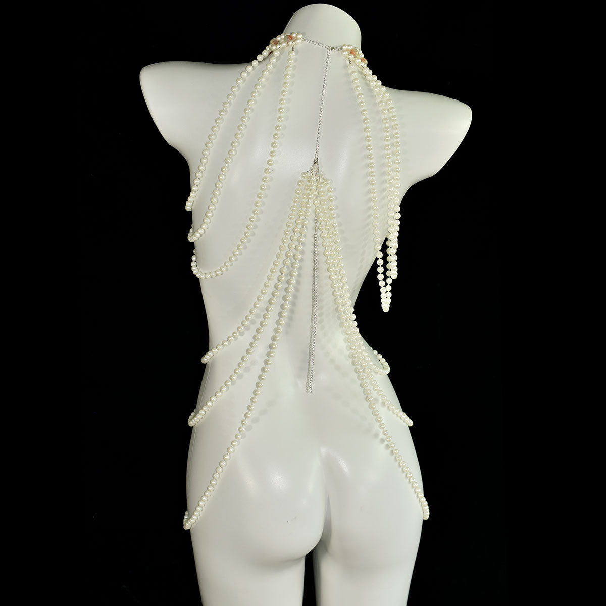 Classic long faux pearl dress, heart pendant, artificial crystal accessory, ladies' party banquet body chain