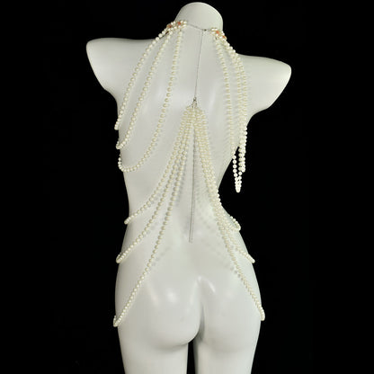 Classic long faux pearl dress, heart pendant, artificial crystal accessory, ladies' party banquet body chain