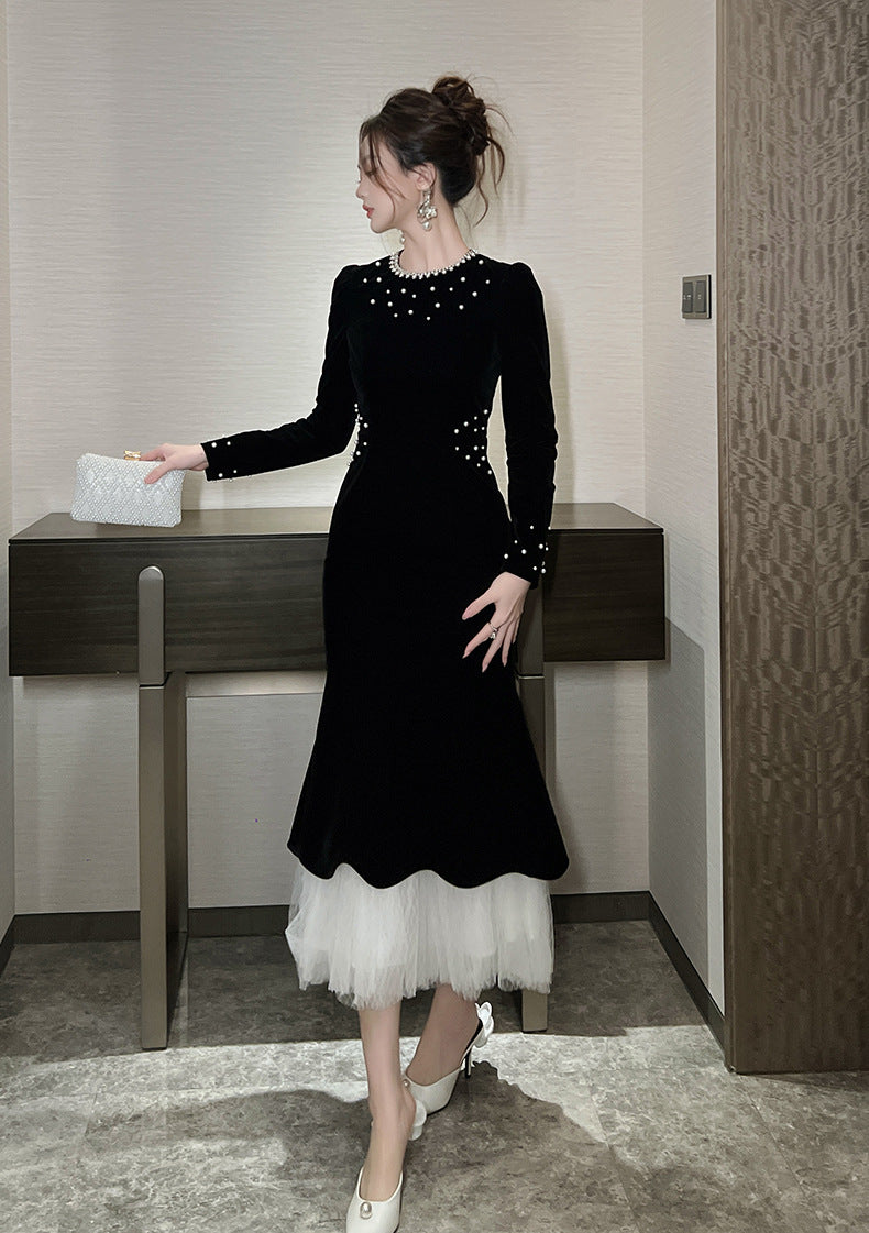 zona black Beaded irregular hem velvet fishtail maxi dress