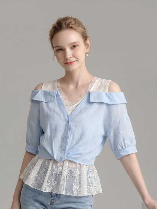 Two Piece Cold Shoulder Twist Hem Blouse With Lace Camisole