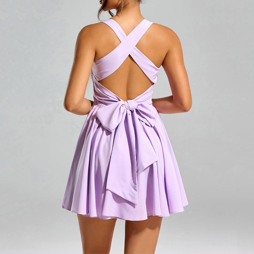 Ruffle Strap Smocked Back Bow Skater Mini Dress