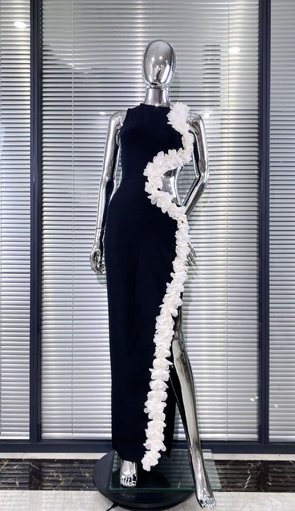 kimberley black Sleeveless Hollow Out Flowers Slit Bandage Maxi Dress