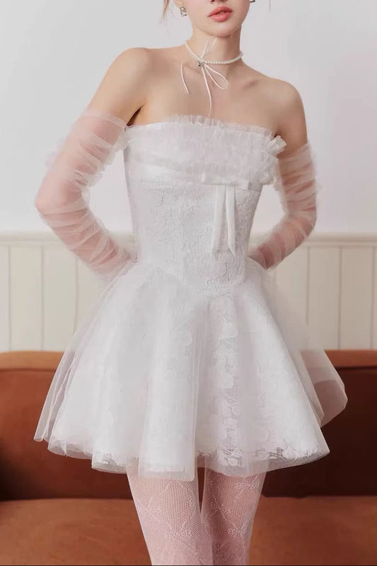 cornelia Lace mesh ribbon A-line strapless mini dress - white