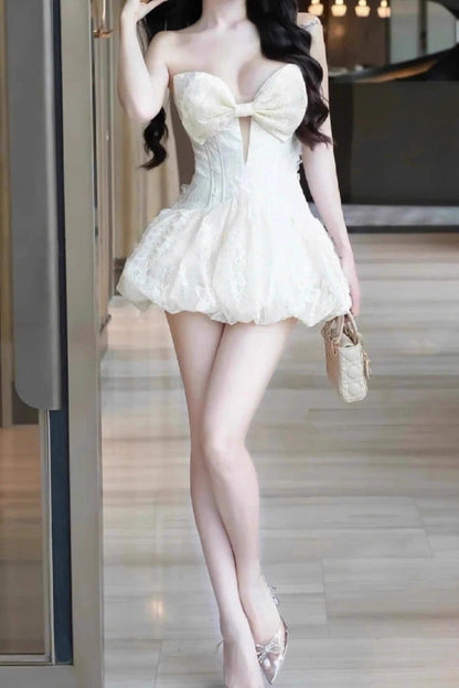 emma Bowknot hollow tube top mini dress in beige