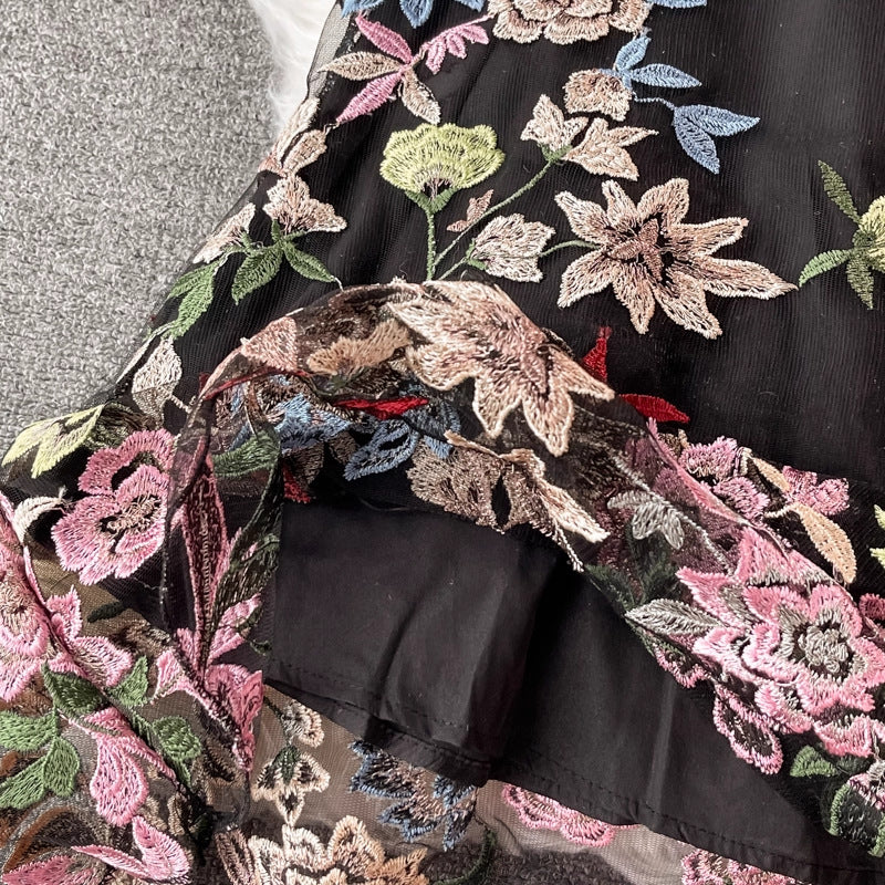 Black Floral Embroidery A-Line Midi Dress with Sheer Mesh Overlay
