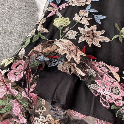 Black Floral Embroidery A-Line Midi Dress with Sheer Mesh Overlay