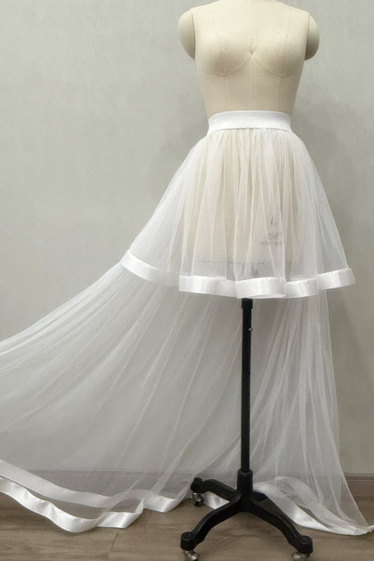 White Satin Trim Two-Layer High Low Tulle Overlay Skirt