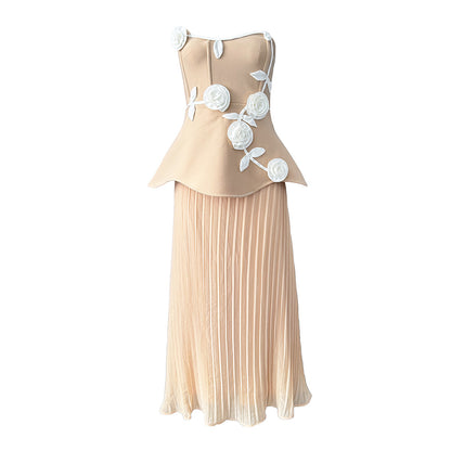 Strapless 3D Rose Appliqué Peplum Maxi Dress