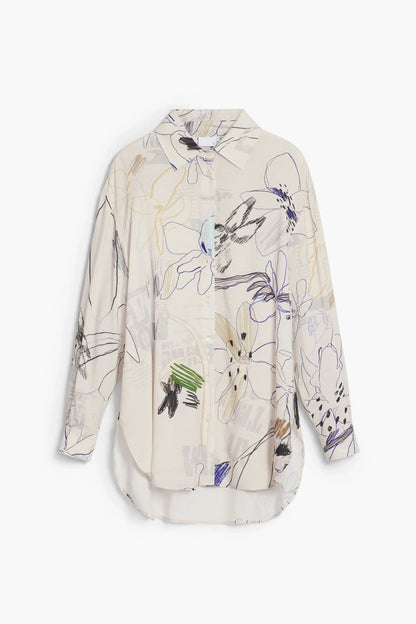 Cream Abstract Floral Sketch Print Long Sleeve Oversized Shirt