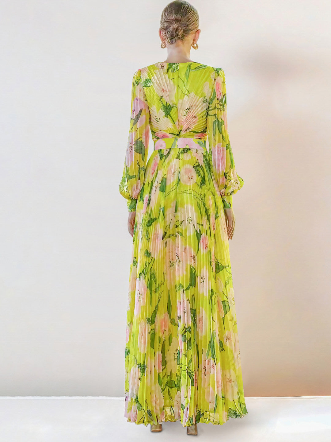 yellow floral long sleeves pleated patterned dress