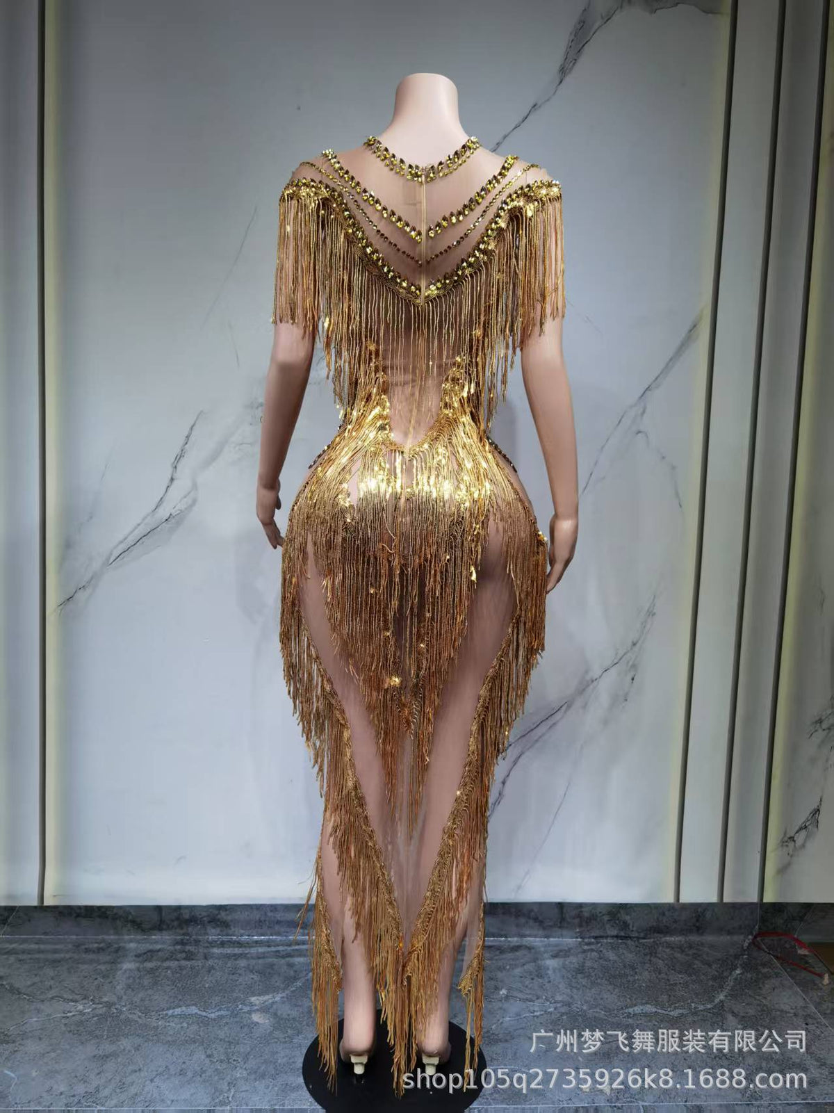 roberta Fringe Sequin Crystal Maxi Dress In Gold