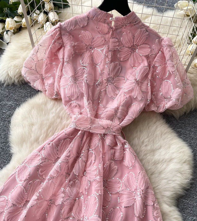 Light Pink Sheer Organza A-Line Midi Dress with Floral Applique