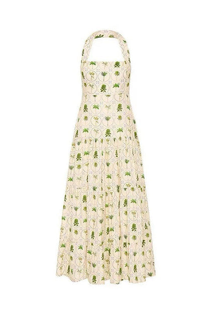 halter neck backless layered floral print maxi dress in green