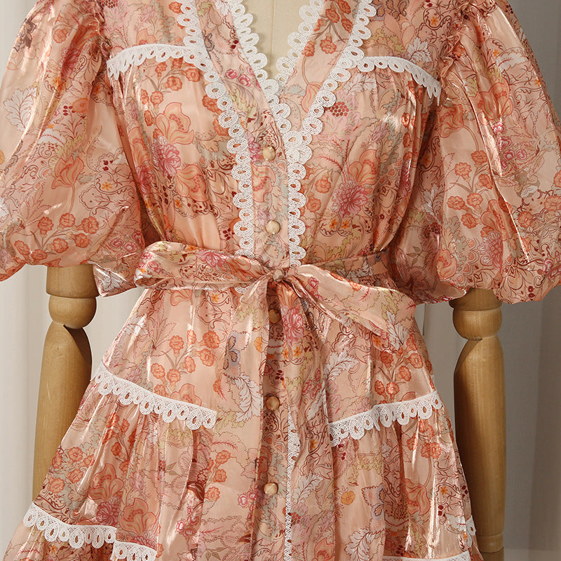 Peach Organza A-Line Tiered Maxi Dress with Botanical Floral Print