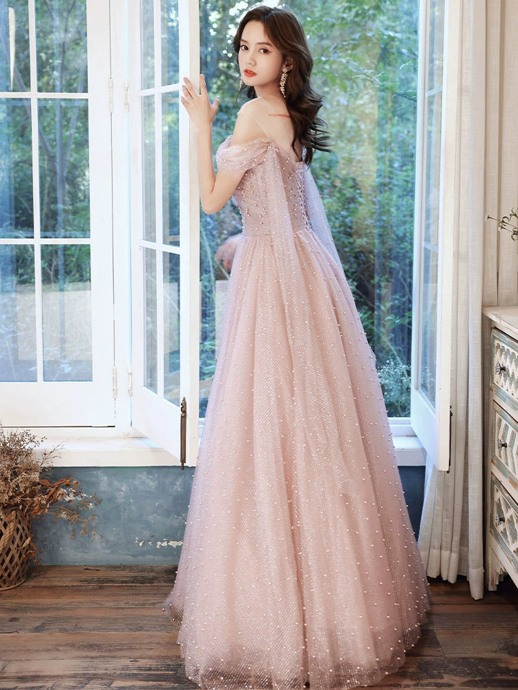 Pink one-shoulder pearl maxi evening dress