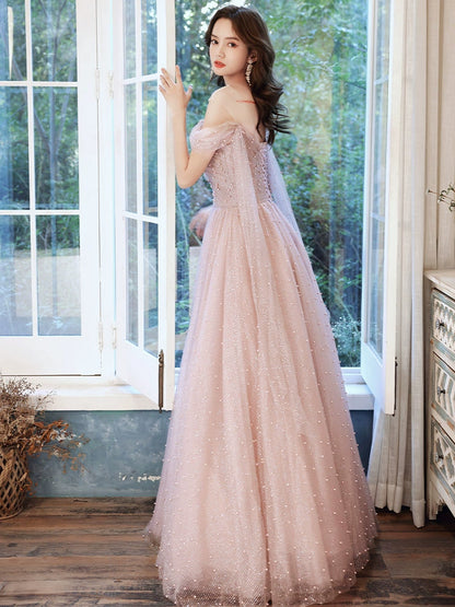 Pink one-shoulder pearl maxi evening dress