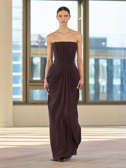 simona pleated Crepe Jersey strapless Gown in brown
