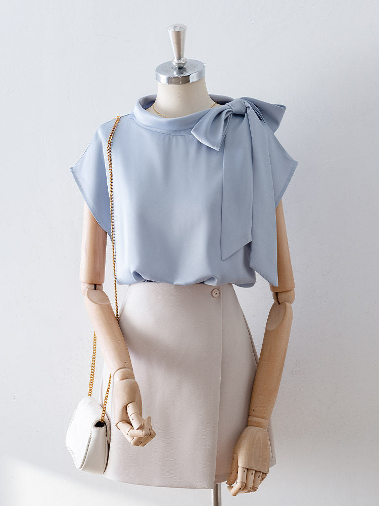 Asymmetrical Side Big Bow Stand Collar Cap Sleeve Satin Blouse