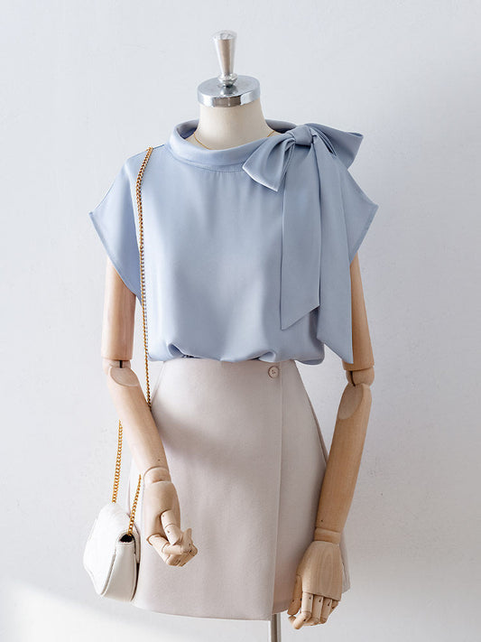 Asymmetrical Side Big Bow Stand Collar Cap Sleeve Satin Blouse