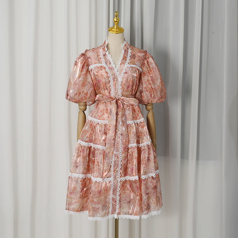 Peach Organza A-Line Tiered Maxi Dress with Botanical Floral Print