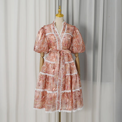 Peach Organza A-Line Tiered Maxi Dress with Botanical Floral Print