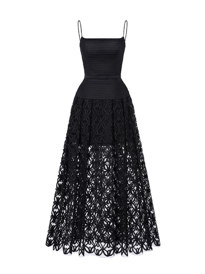 Black Spaghetti Strap Pleated Bodice Floral Cutout Lace Midi Dress