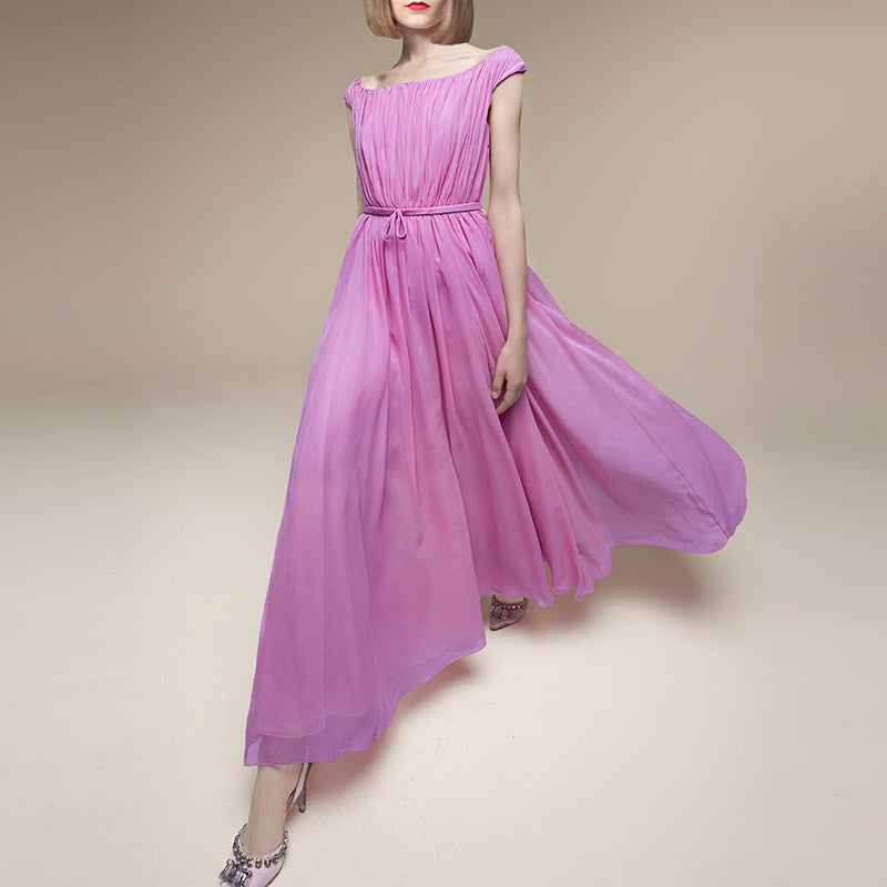 pink one-shoulder pleated dress