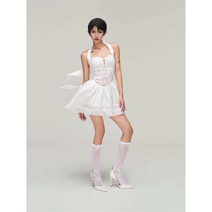 halter embroidered hollow mini dress in white