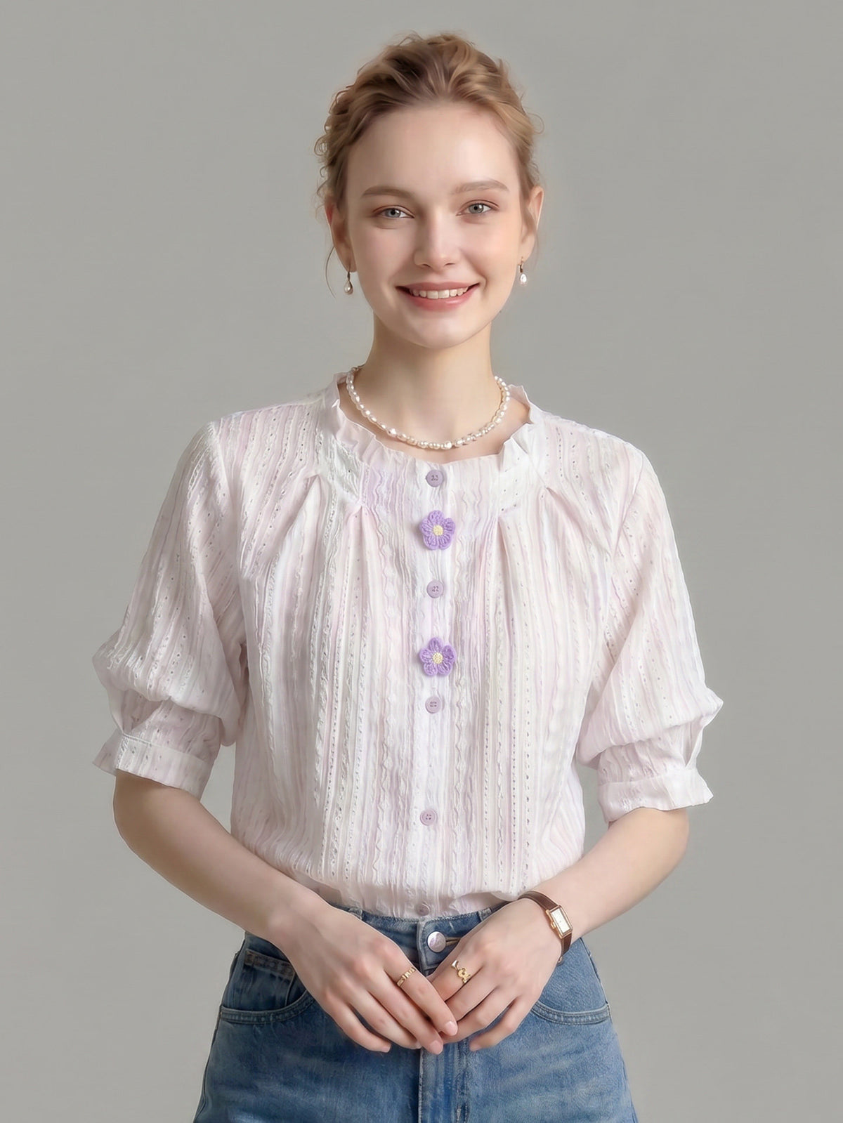 Ruffled Crew Neck Eyelet Puff Sleeve Blouse With Floral Buttons