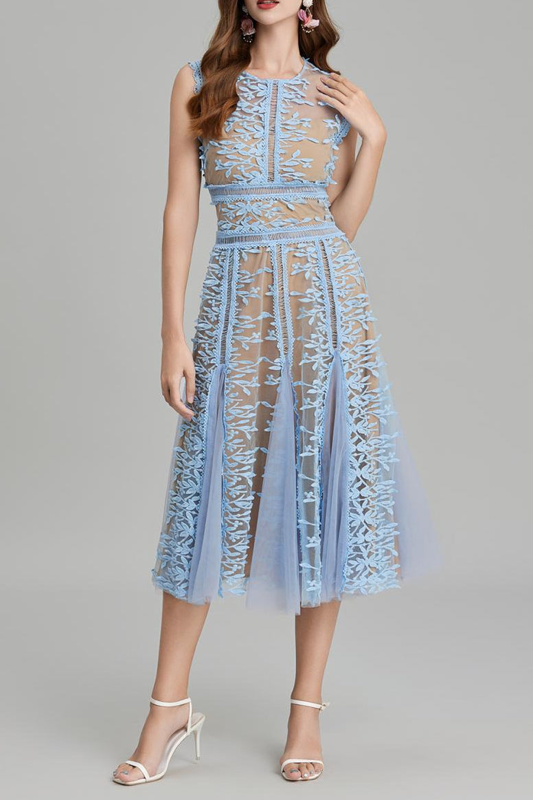 phoenix 3d Embroidered lace mesh midi dress in blue