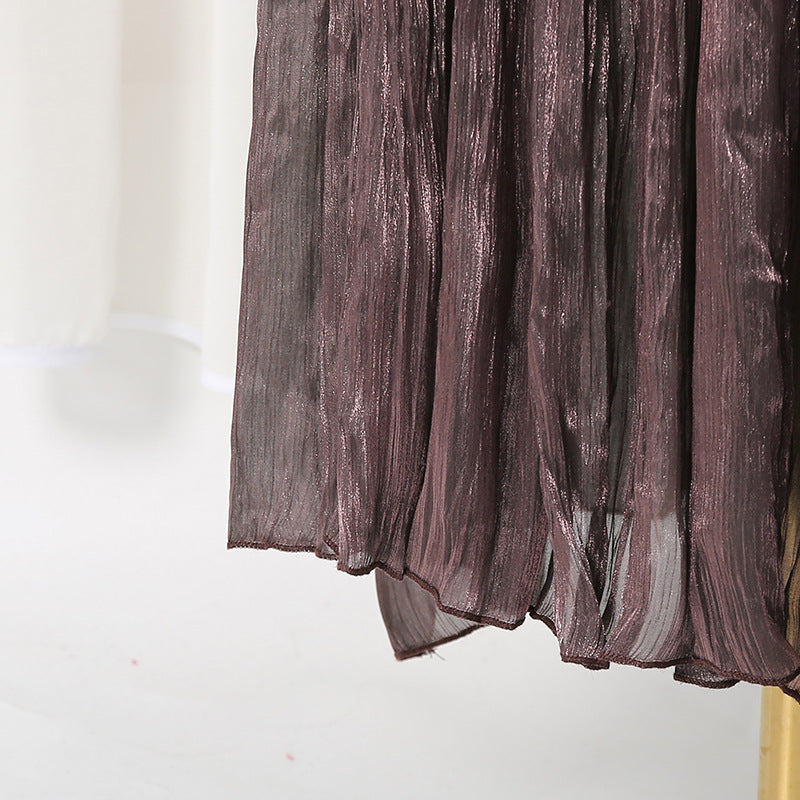 Bronze Metallic Draped A-Line Evening Gown with High Slit