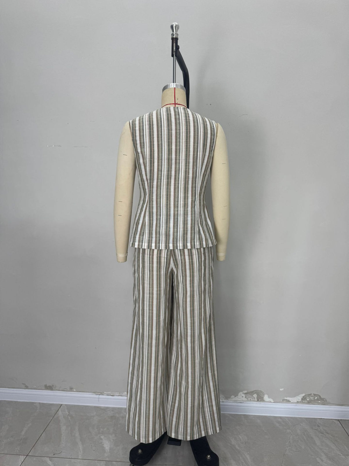 Green White Stripe Linen Sleeveless V-Neck Vest & Wide Leg Pants Two-Piece Set