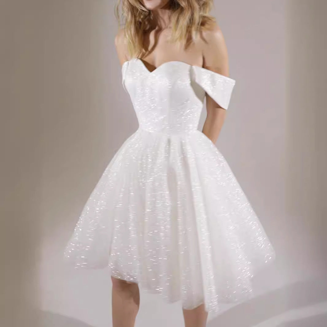 Amity White Sexy Sequined Short Princess Evening Gown Mini Dress