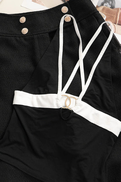 Black & White Halter Top with High-Waisted Wide-Leg Pants