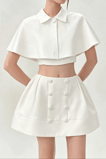 White Cape Collar Crop Top & Double Button Pleated Mini Skirt Two Piece Set