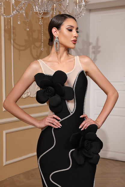 Diamond 3D Flower Sequin Bandage maxi Dress in black