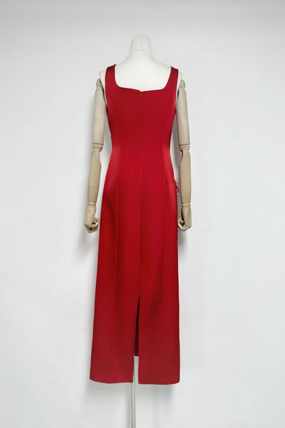 nicola square neck flower embroidery satin maxi dress in red