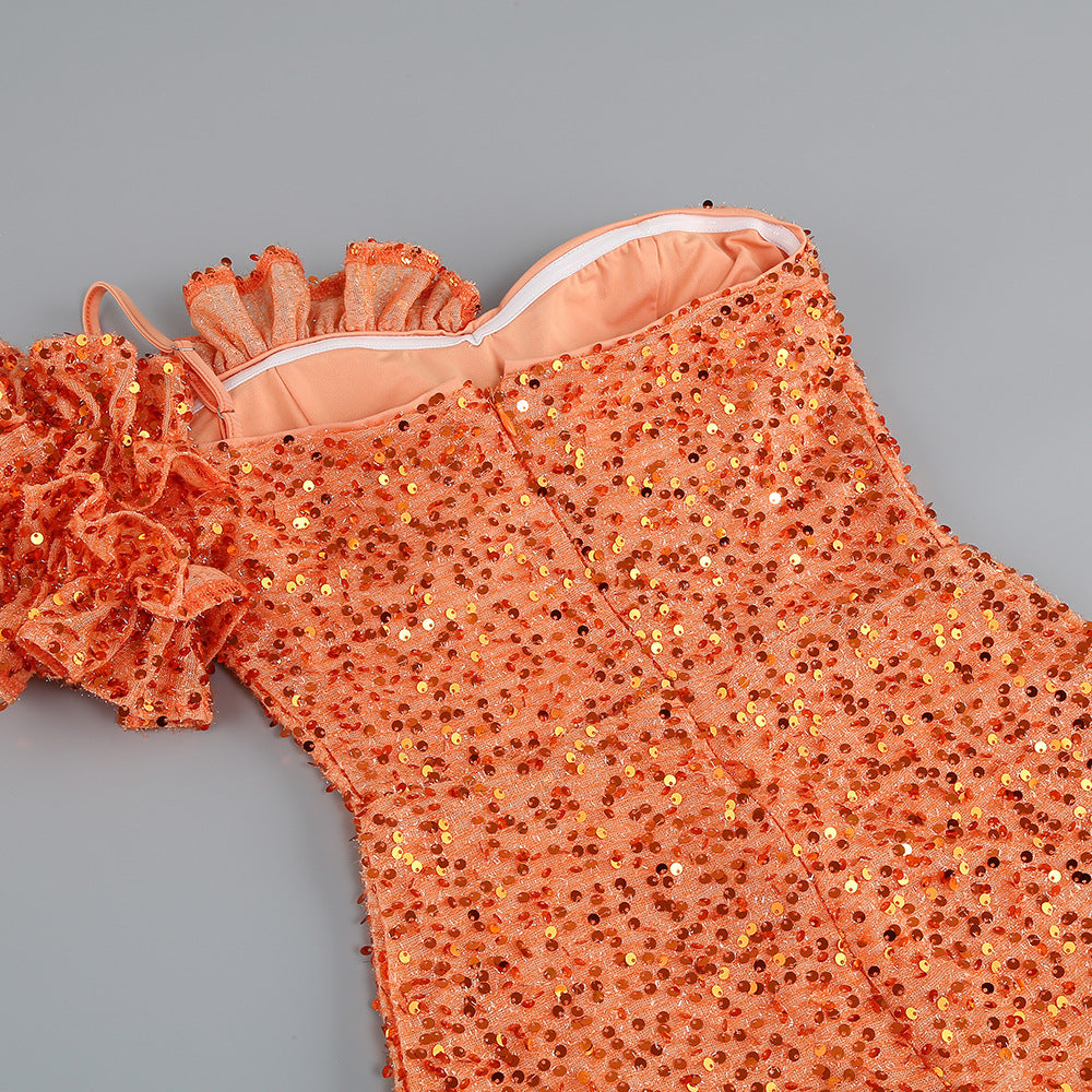 Orange Sequin One-Shoulder Floor-Length Gown