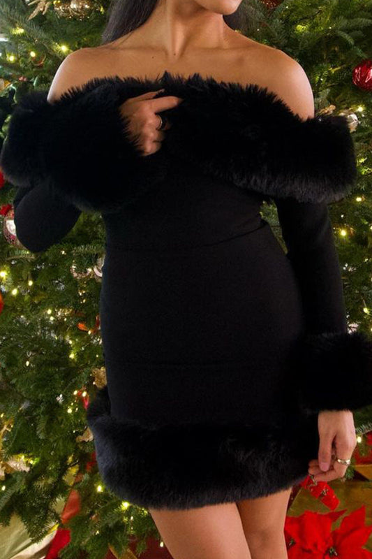rita Black long-sleeve off-shoulder mini dress with fuzzy details