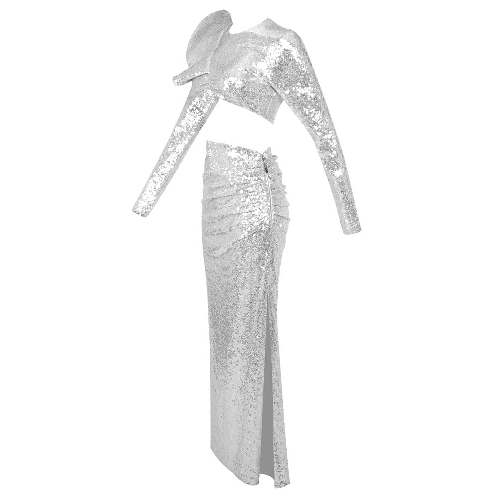 crop top drape skirt set in silver