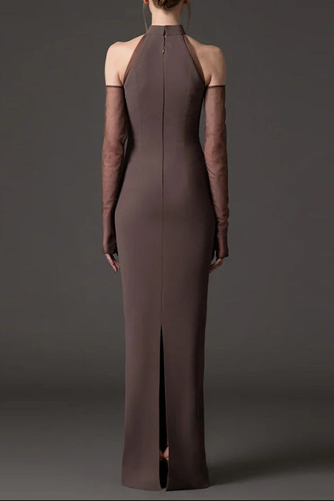 vivien Brown Beading High Neck Maxi Dress