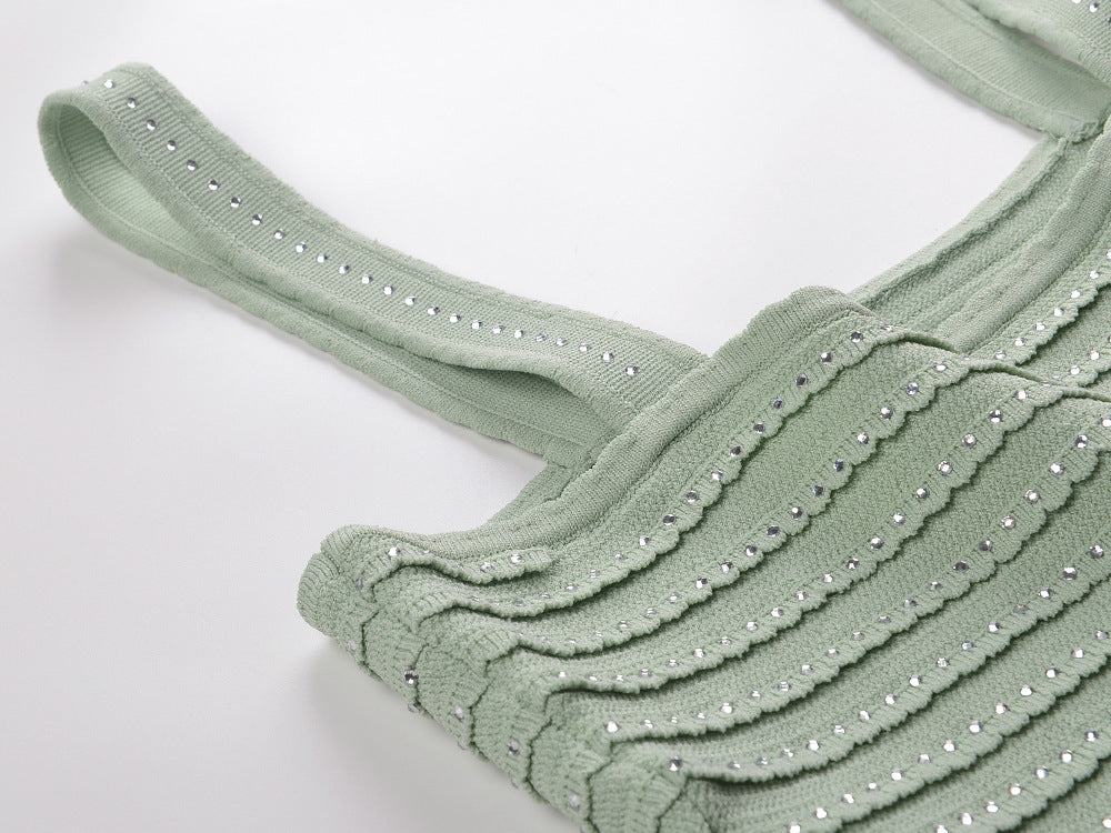 Rhinestone Trim Knit Crop Top in Almond Green