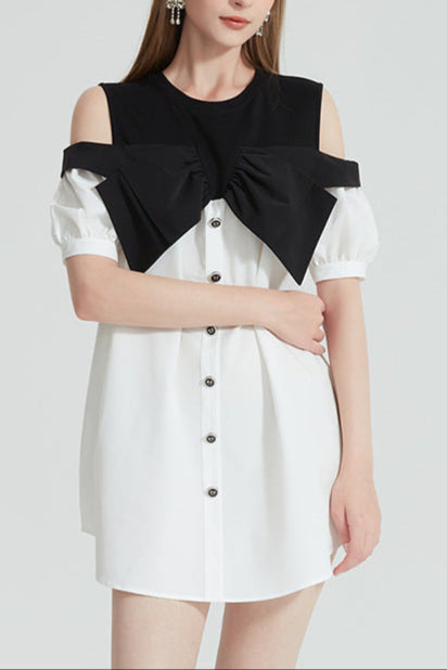 evelyn Off-shoulder contrast bow mini dress