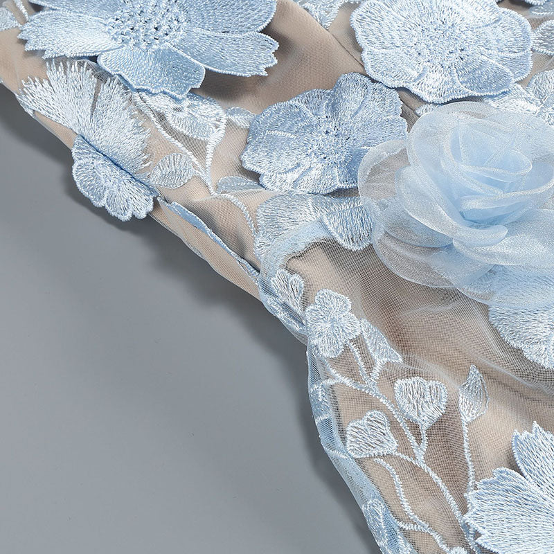 Light Blue Embroidered 3D Floral Strapless Mini Dress