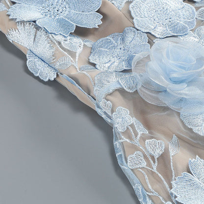 Light Blue Embroidered 3D Floral Strapless Mini Dress