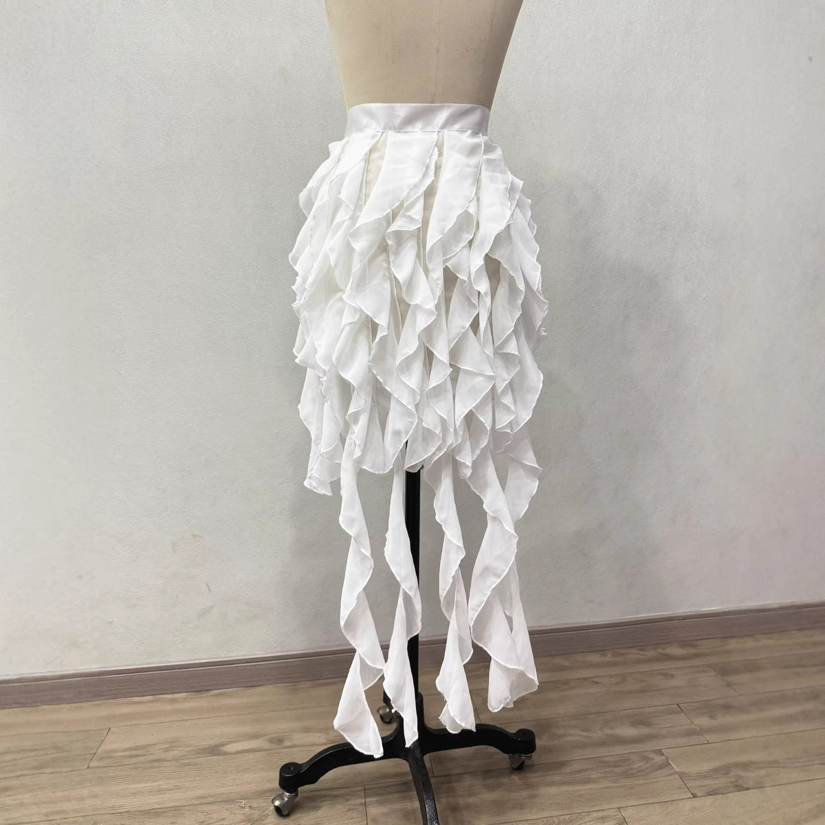 Multi-Layer Cascading Ruffle Asymmetric Streamer Chiffon Skirt