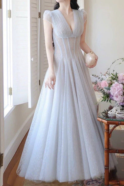 Glitter Tulle Cap Sleeve V-Neck Empire Waist Flowy Maxi Dress