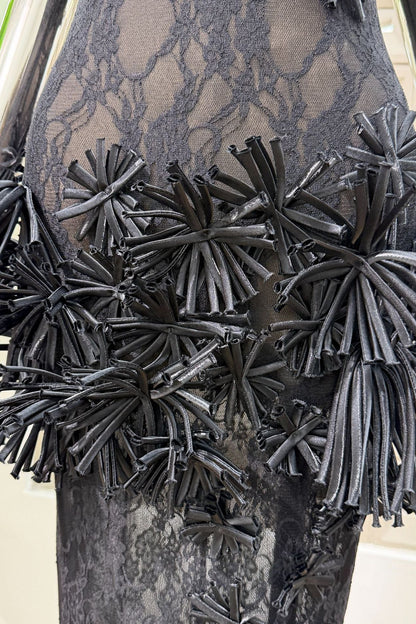 Black Lace Maxi Dress with 3D Floral Appliqués